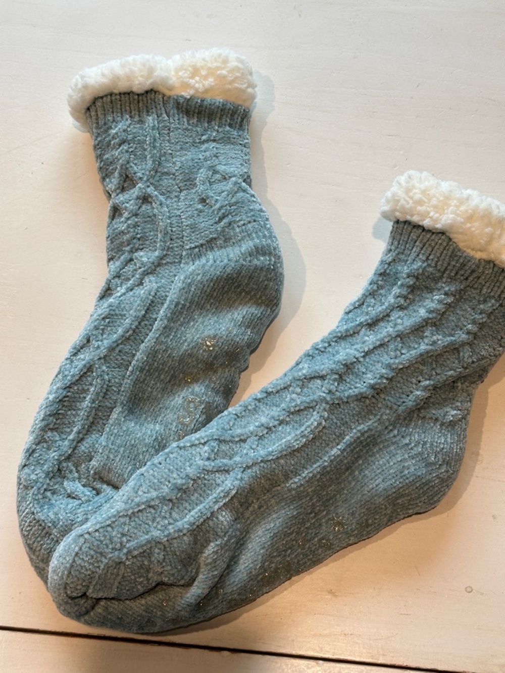 Cozy Cable Knit Sherpa Lined Socks Light Blue Non‎ Slip Grips Sleepcore